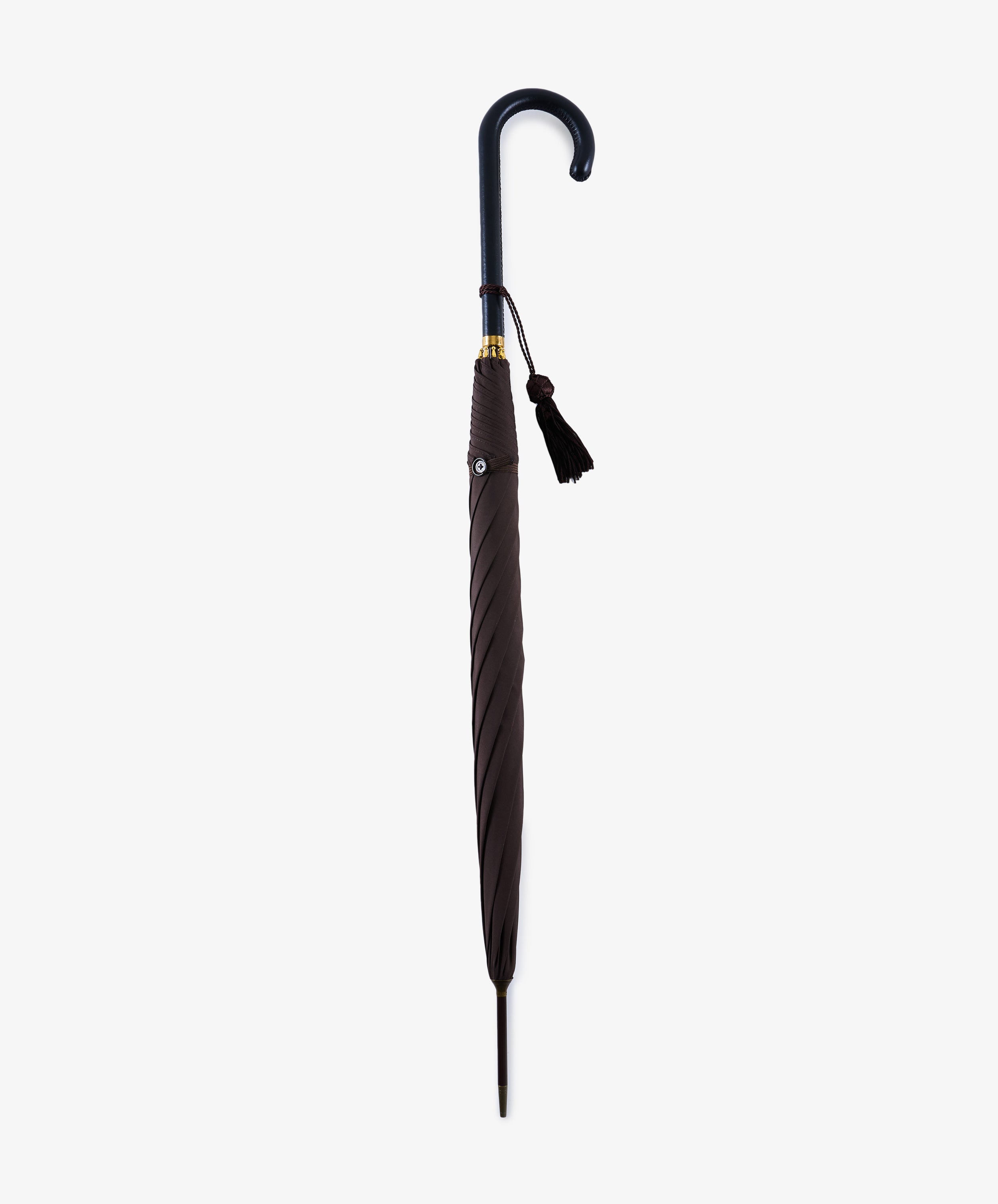 Victoria Ladies Umbrella with a curved leather crook handle and decorative tassel, shown closed against a plain white background.