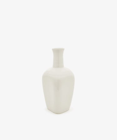 The Cirrus Bud Vase, crafted from white ceramic with a narrow neck and square base, is displayed against a plain white background in the elegant style of Frances Palmer.