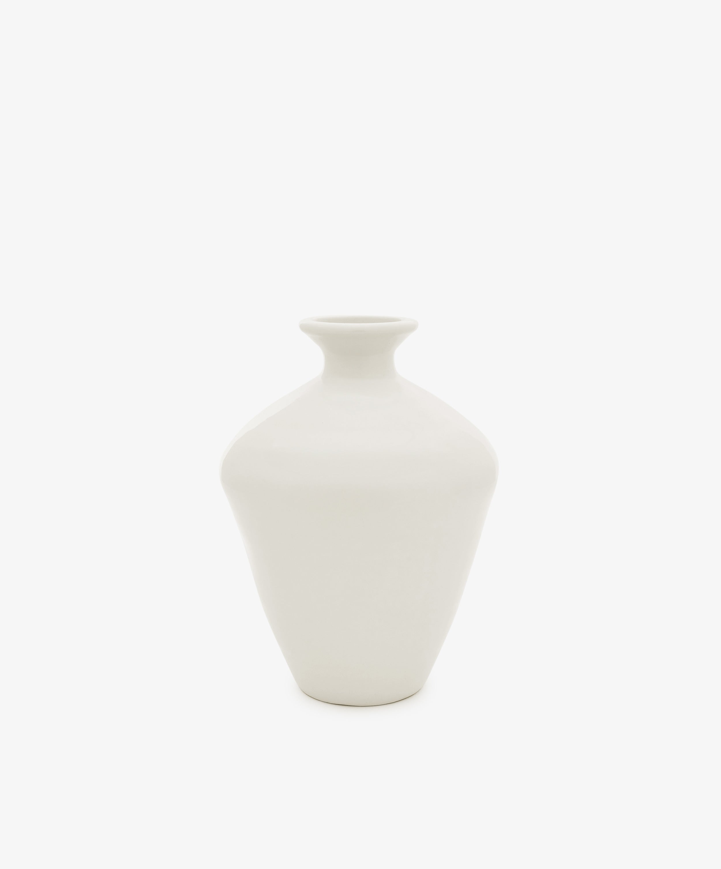 The Cirrus Bud Vase by Frances Palmer is a small, white ceramic piece featuring a wide body and narrow neck, shown against a plain white background.
