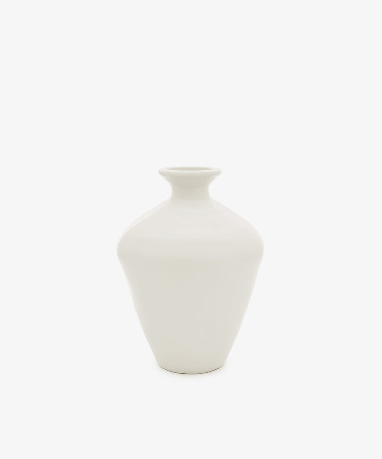 The Cirrus Bud Vase by Frances Palmer is a small, white ceramic piece featuring a wide body and narrow neck, shown against a plain white background.