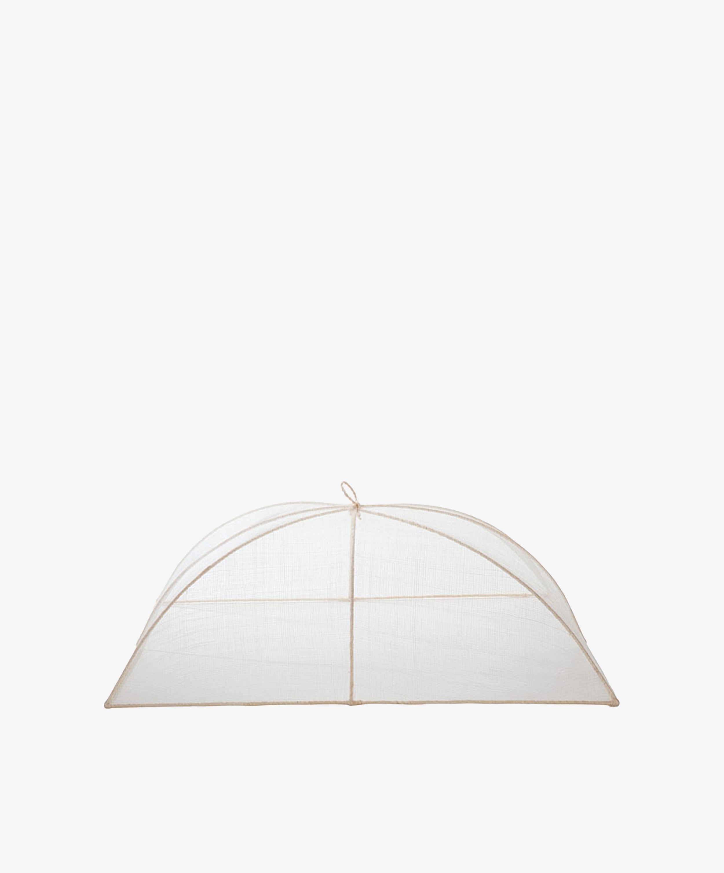 The Jacqueline Foodcover is a dome-shaped tent made of transparent mesh natural fiber with a simple frame, designed to protect food from insects.
