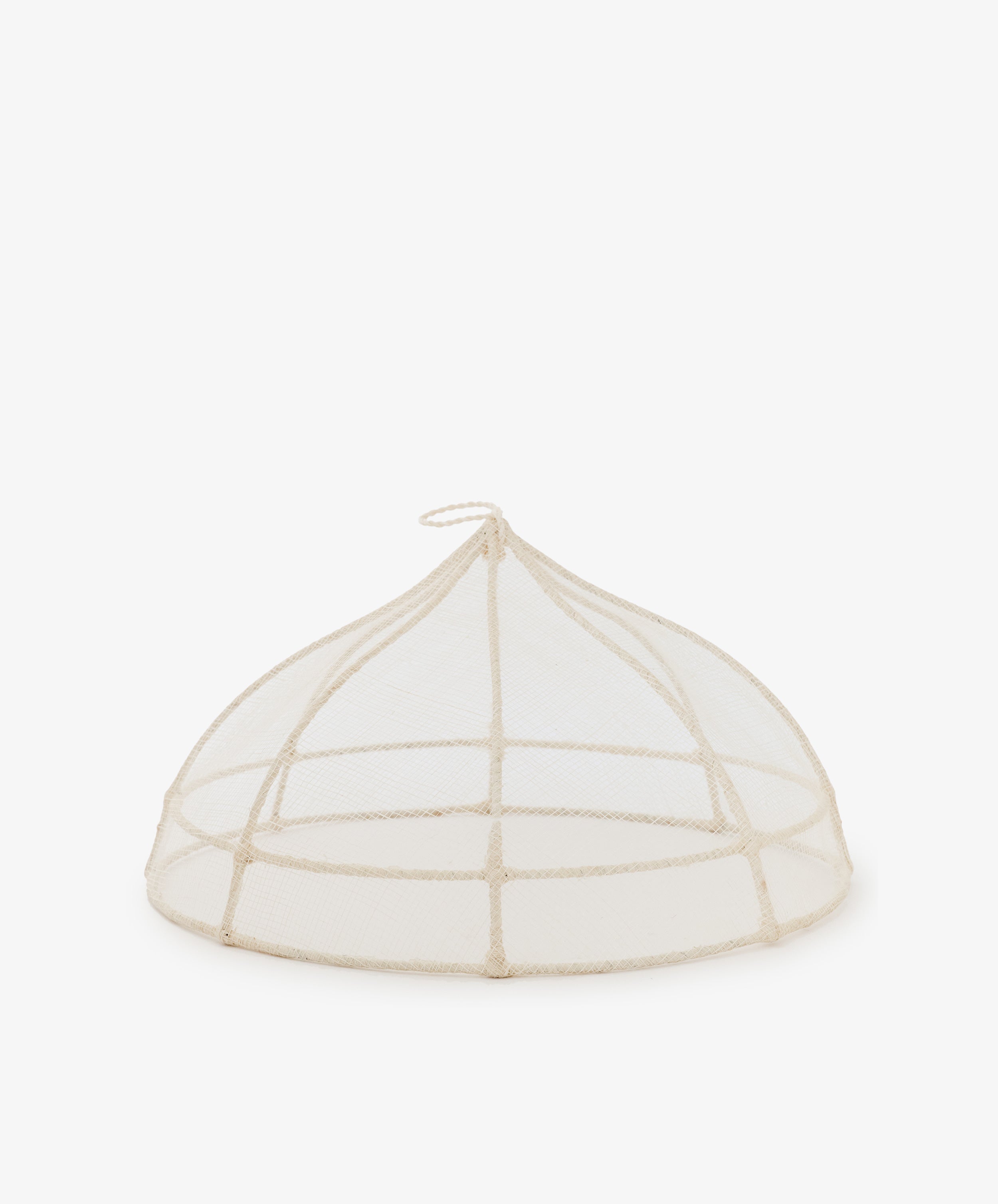 The Viola Foodcover is a handwoven mesh dome with a small loop handle, designed to protect food from insects—ideal for outdoor dining.