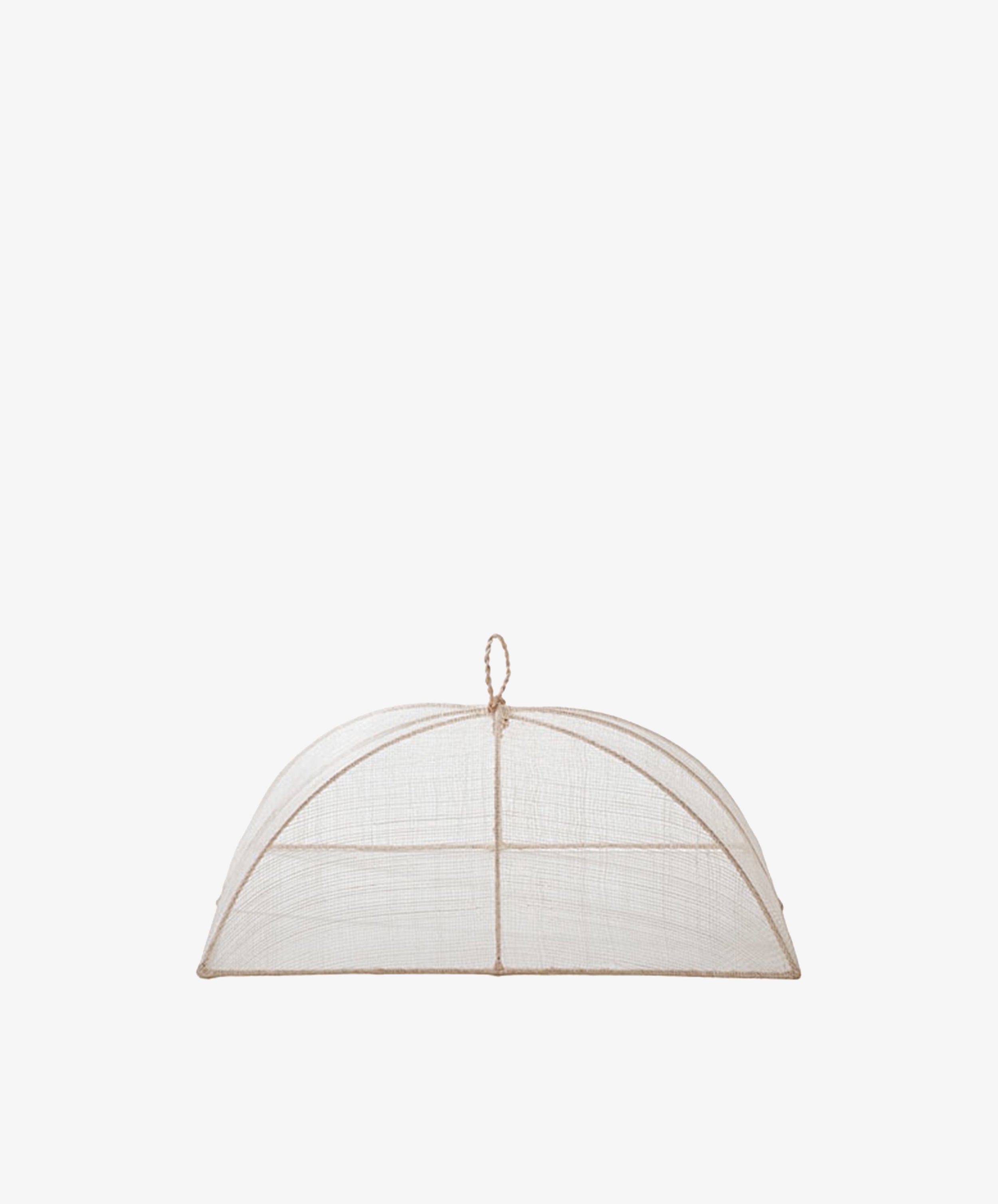 The Jacqueline Foodcover is a dome-shaped, handmade abaca cover with a small loop handle on top, designed to protect your food from insects.