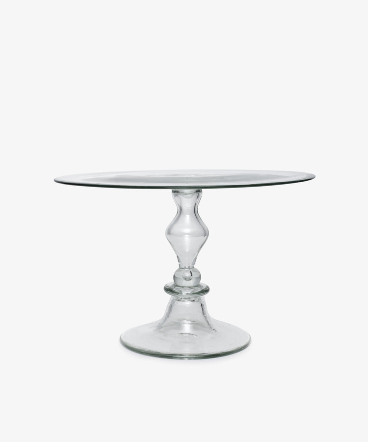 Isla Cake Stand. Clear hand-blown glass cake stand with decorative footed base.