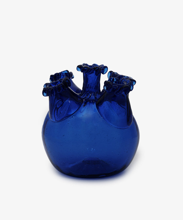 Lola Tulip Vase. Cobalt blue hand-blown glass vessel with multiple openings at top for flowers.