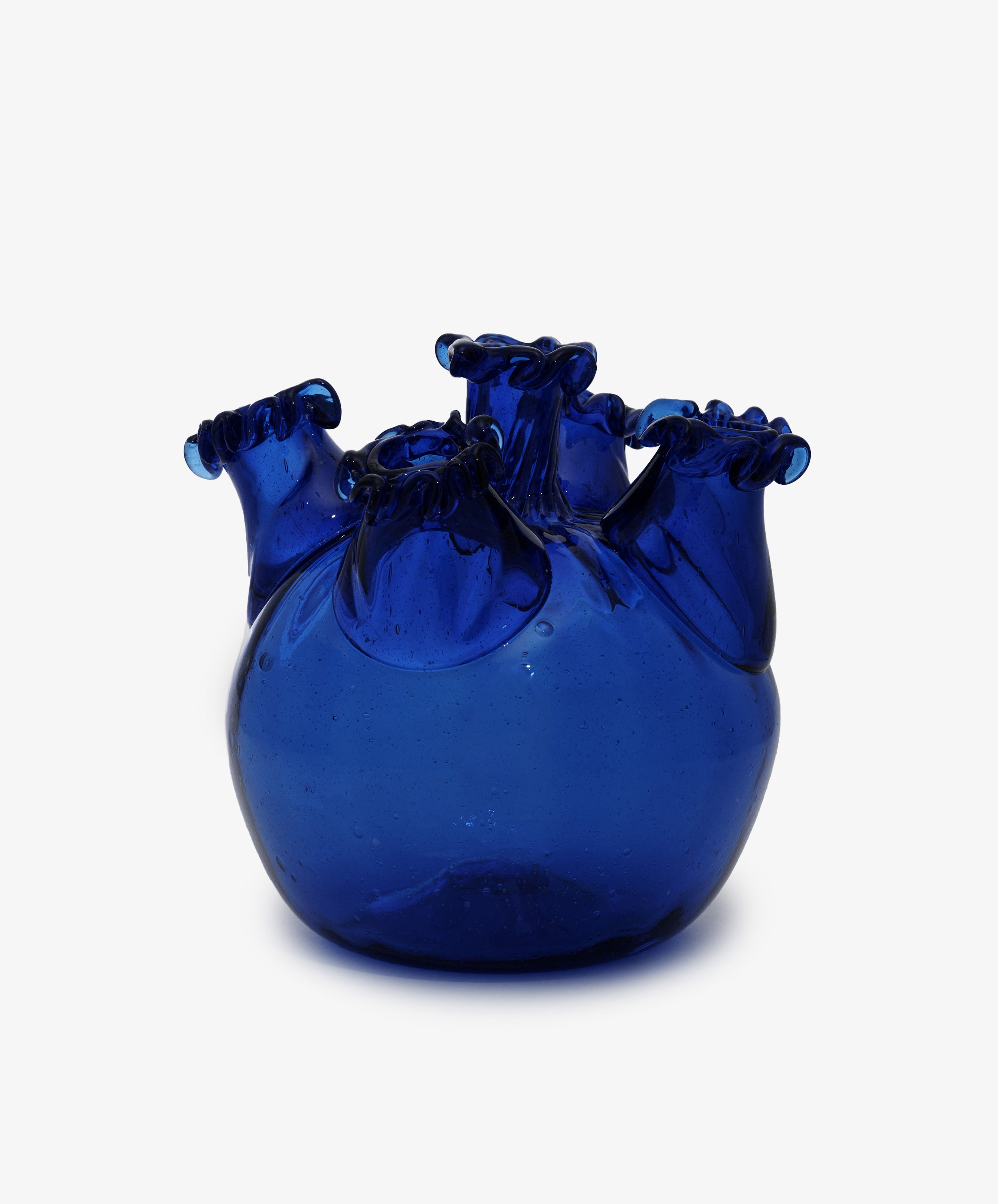 Lola Tulip Vase. Cobalt blue hand-blown glass vessel with multiple openings at top for flowers, alt side view.