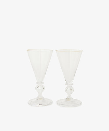 Beata Stemmed Wine Glass. Two transparent, hand-blown glass triangular goblets.