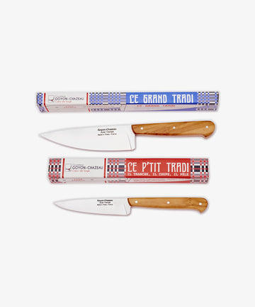 The Le P’tit & Le Grand Knife Set features two French kitchen knives with elegant wooden handles, including a versatile chef's knife, displayed with packaging labeled by Goyon-Chazeau.