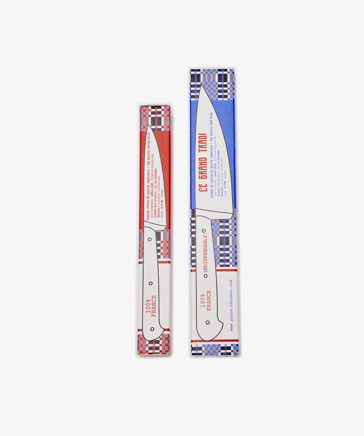 The Le P’tit & Le Grand Knife Set includes two French kitchen knives in boxes, each with elegant ebony handles for added sophistication.