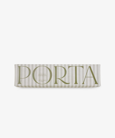 The Porta Soap Box Gift Set comes in a rectangular box with light gray and white vertical stripes, 