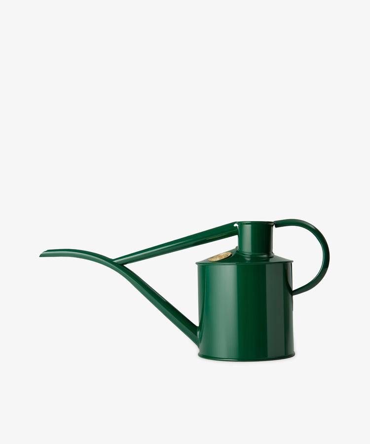 The Fazeley Flow Watering Can—a green metal can with a long spout and curved handle—offers precise watering for houseplants, shown against a plain white background.