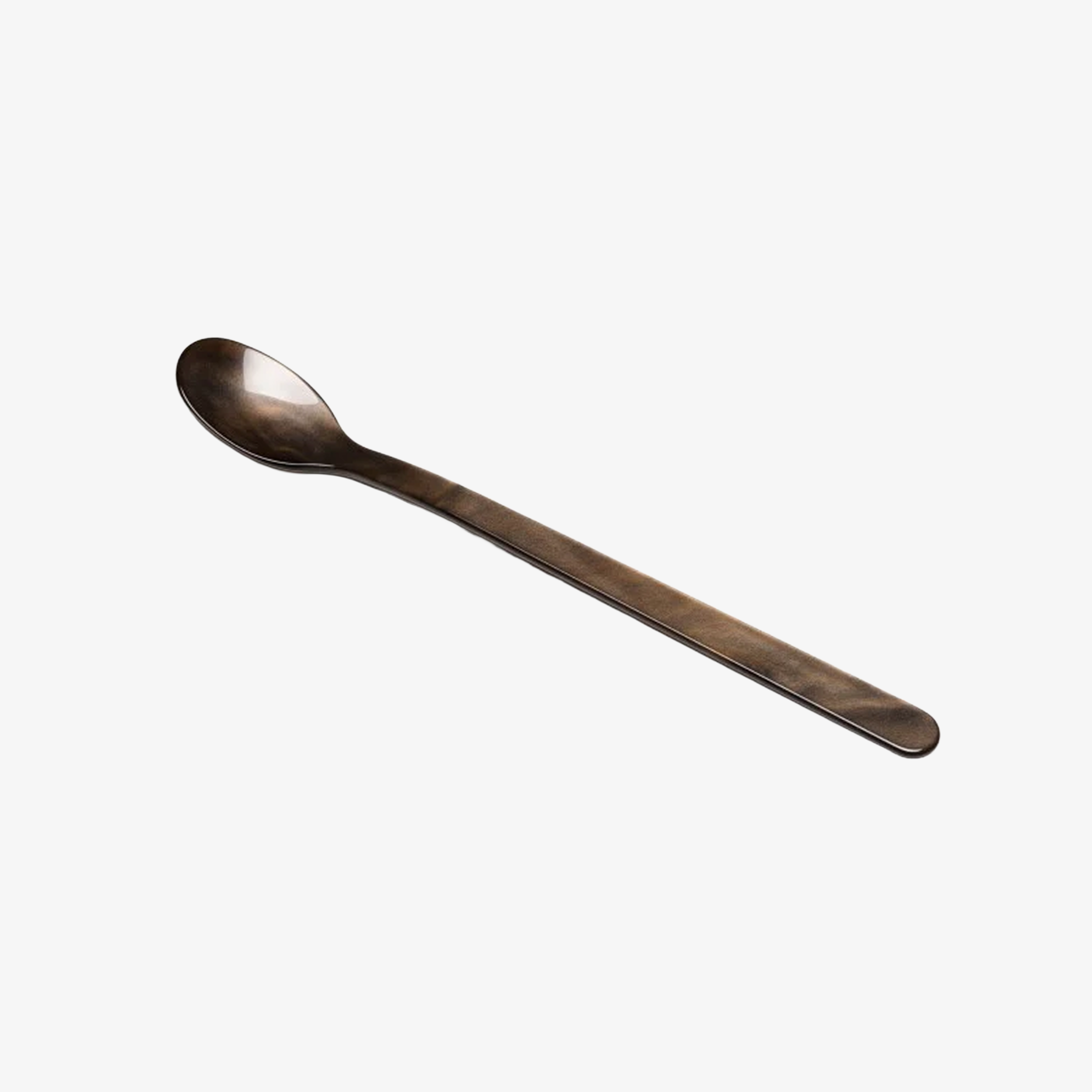 The Lungo Spoon is a long, slender metal spoon with an oval-shaped bowl, ideal for savoring ice cream sundaes or tall cocktails, displayed on a plain white background.