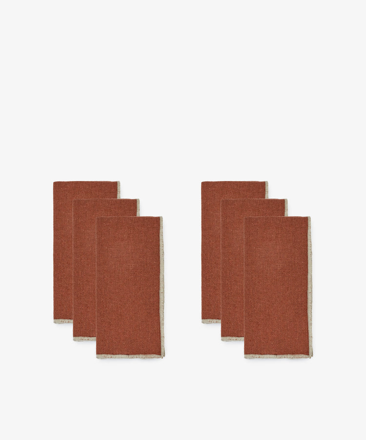 Six Corte Napkin, Set of 6 linen-cotton blend napkins are folded and arranged in two groups of three on a white background.