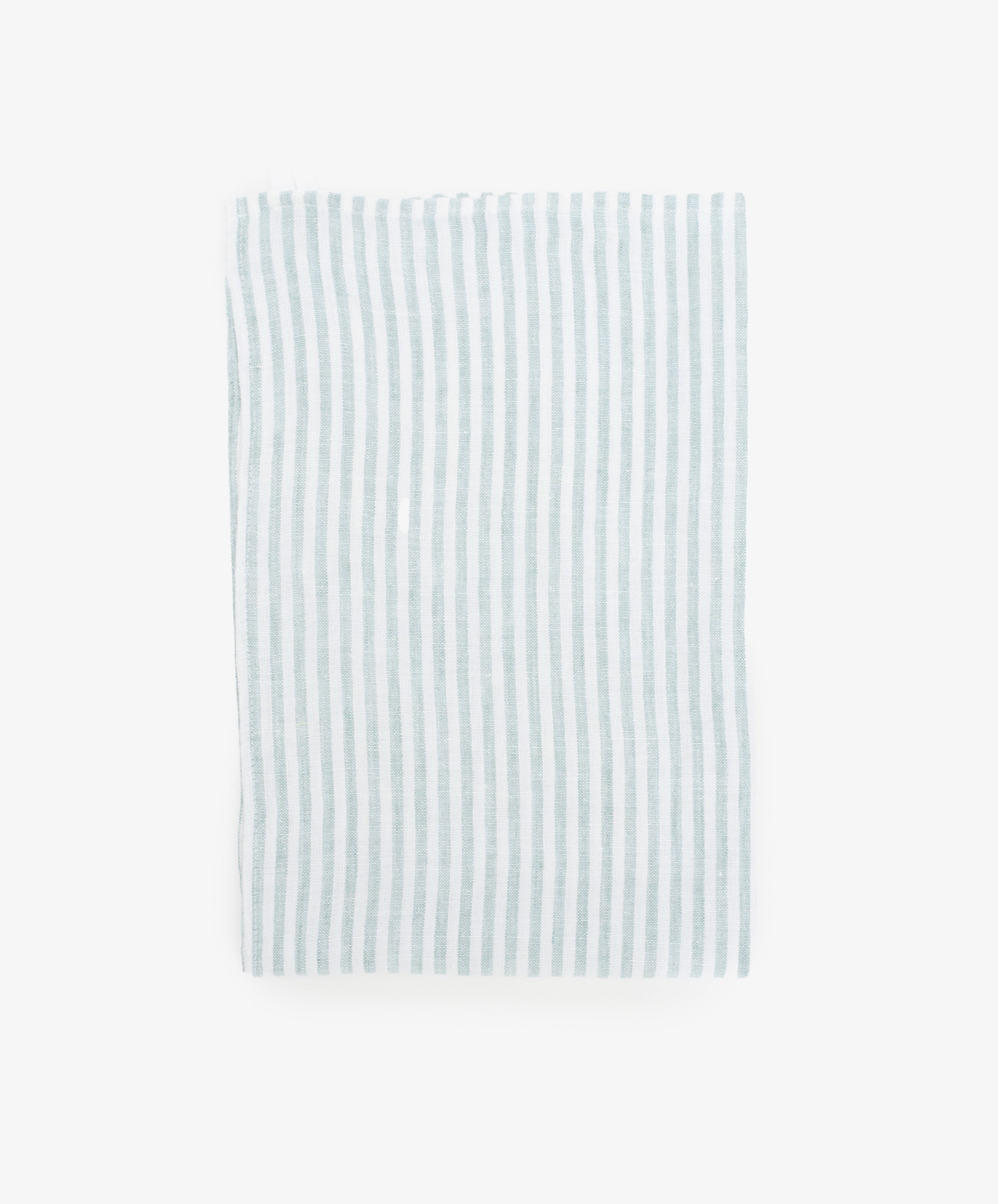 Vezzani Tea Towel. Rectangular cloth in blue-green and white striped linen.