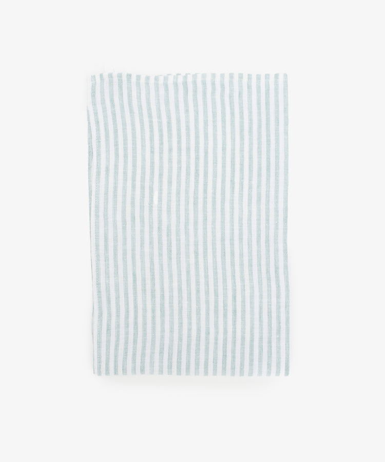 Vezzani Tea Towel. Rectangular cloth in blue-green and white striped linen.