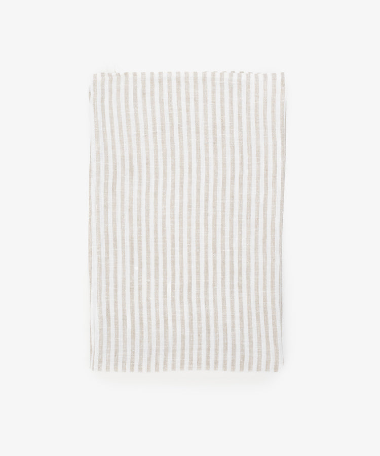 Vezzani Tea Towel. Rectangular cloth in natural and white striped linen.