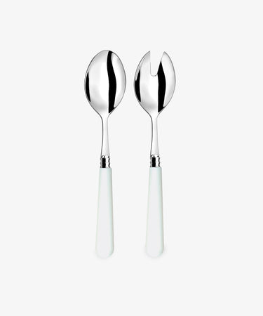 Helios Salad Servers. Two piece set in stainless steel with off-white handles.