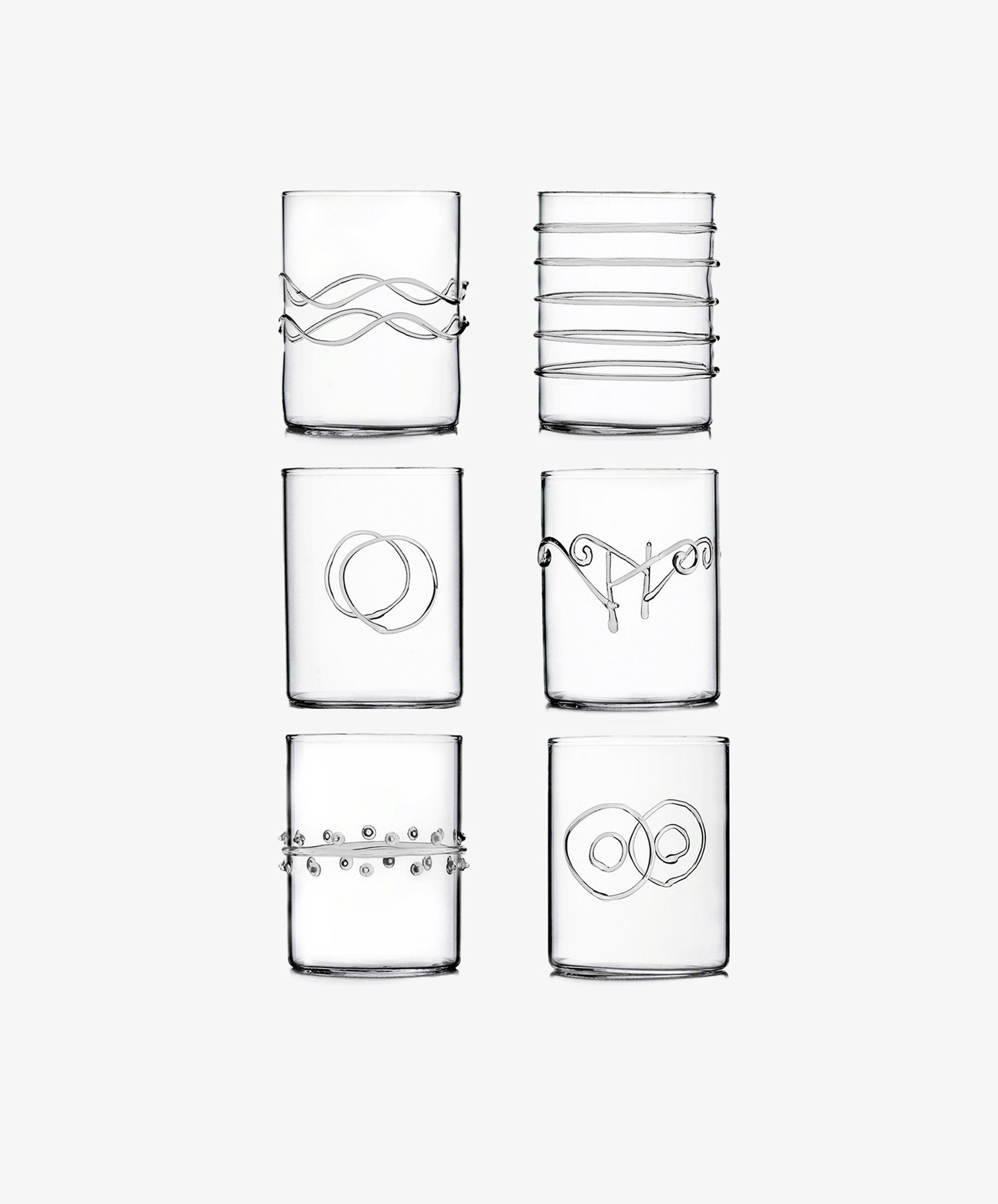 The Deco Water Glass, Set of 6, features six clear glasses with unique raised patterns encircling each piece—stylish accents arranged in two rows of three to add a joyful touch to any table setting.