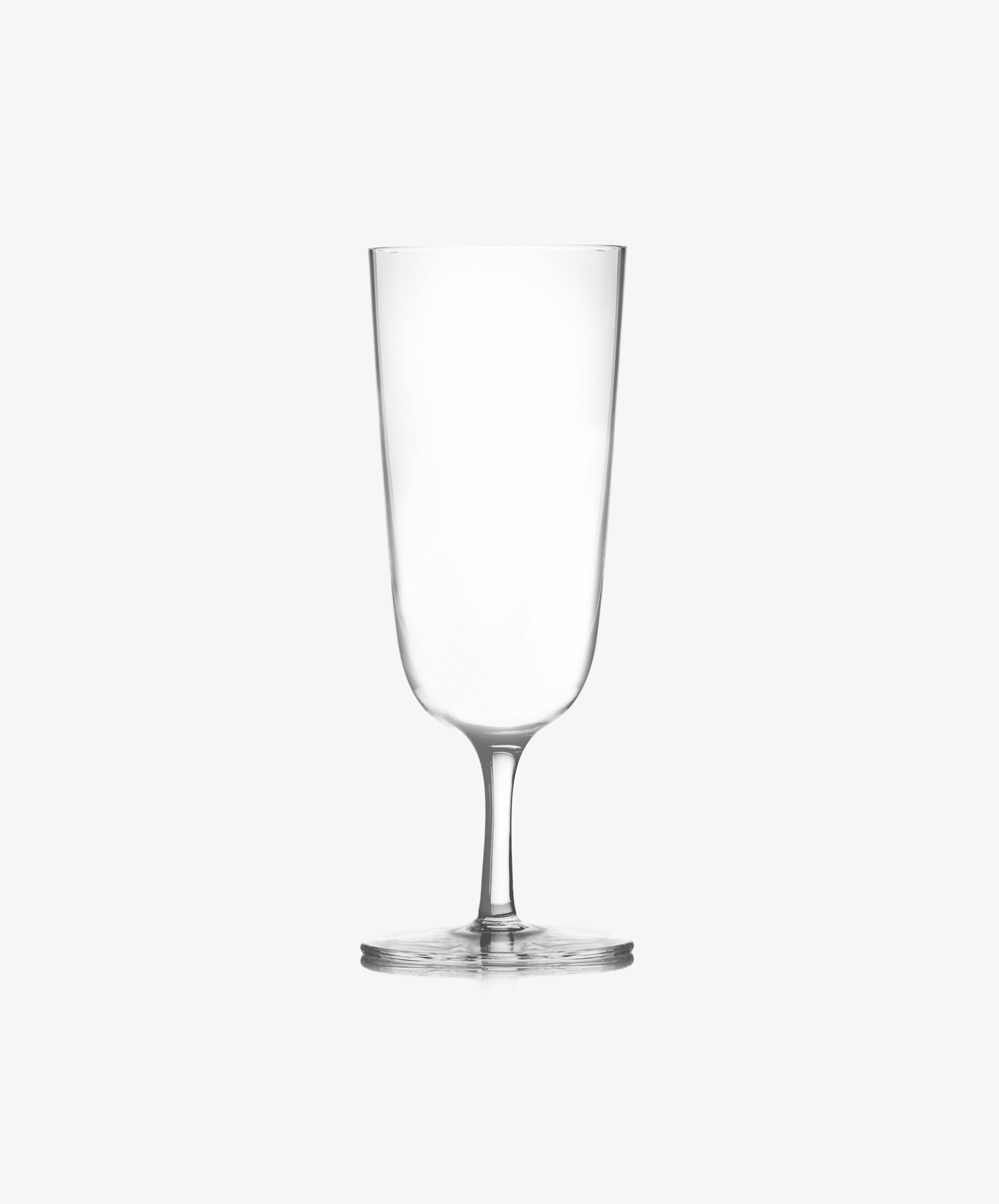 The Venezia Champagne Flute, Set of 6, features elegant, clear glassware that stands upright on a plain white background, highlighting the timeless and refined design of this upscale drinkware.