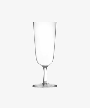 The Venezia Champagne Flute, Set of 6, features elegant, clear glassware that stands upright on a plain white background, highlighting the timeless and refined design of this upscale drinkware.