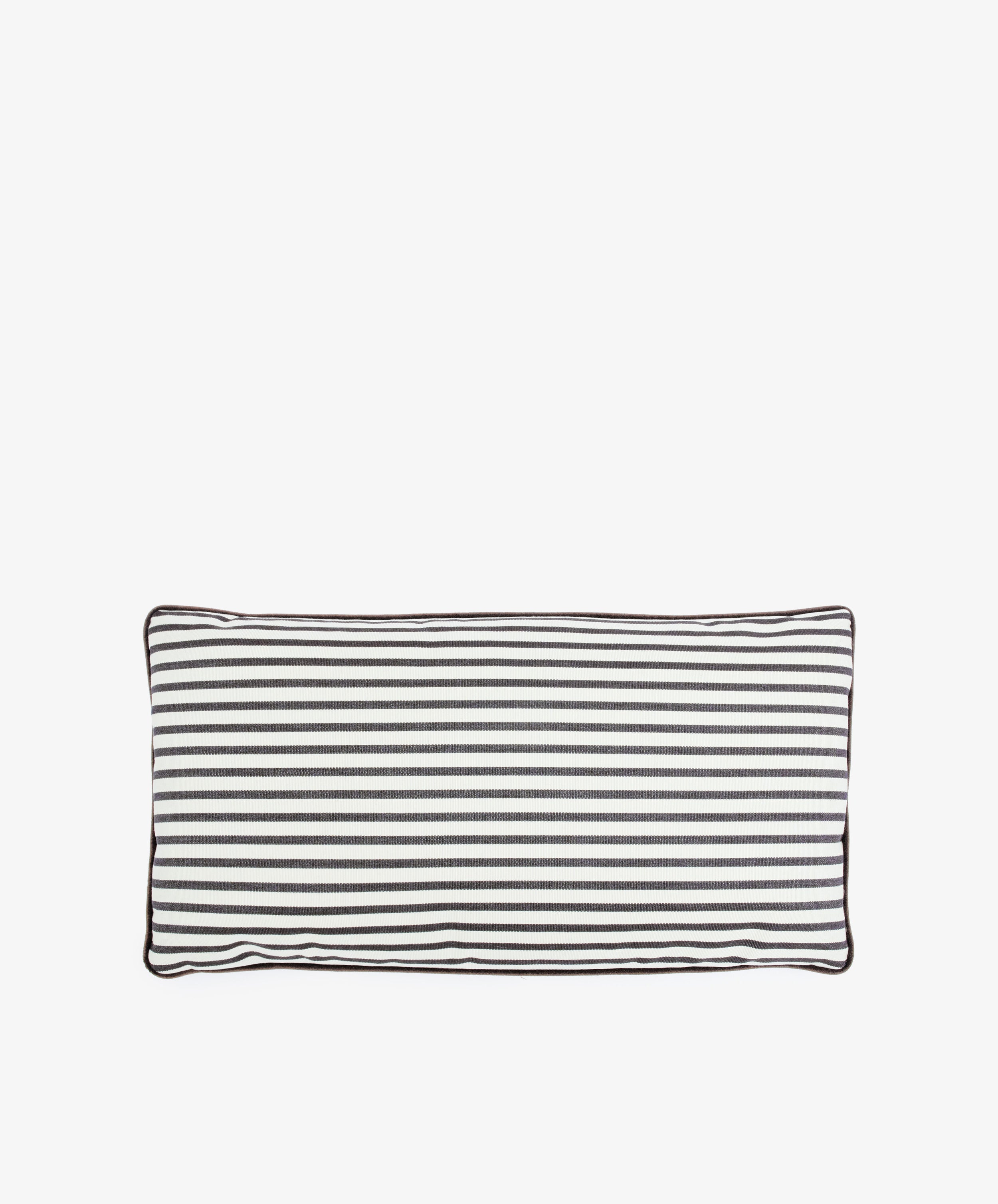 The Polo Lumbar Cushion features black and white horizontal stripes with dark edge piping, set against a plain white background. This limited edition designer piece adds a unique, stylish touch to any space.