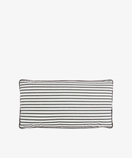 The Polo Lumbar Cushion features black and white horizontal stripes with dark edge piping, set against a plain white background. This limited edition designer piece adds a unique, stylish touch to any space.