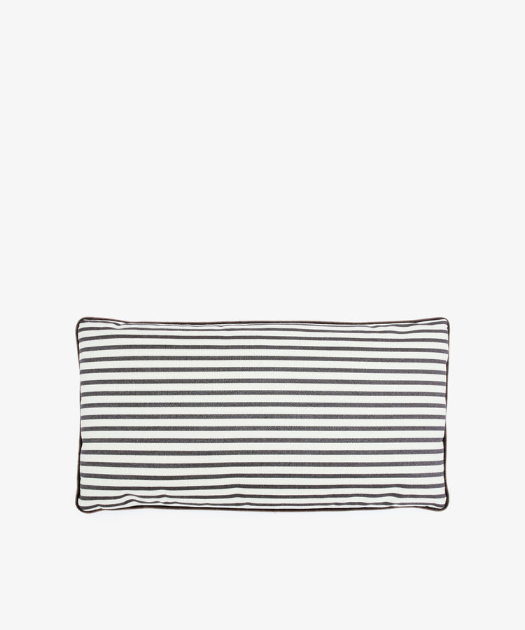 The Polo Lumbar Cushion features black and white horizontal stripes with dark edge piping, set against a plain white background. This limited edition designer piece adds a unique, stylish touch to any space.