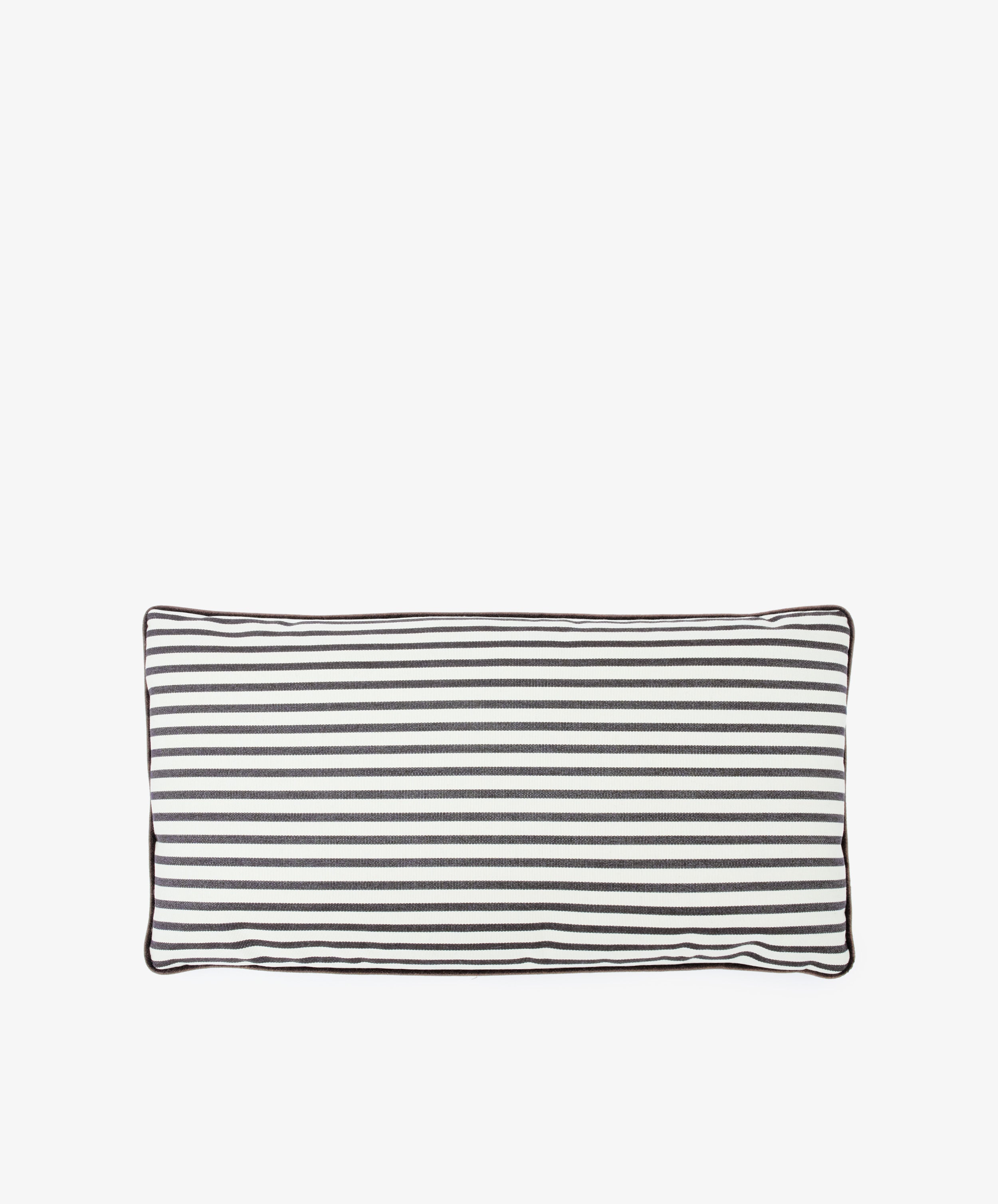 The Polo Lumbar Cushion is a rectangular pillow made from dead-stock fabrics, showcasing black and white horizontal stripes with black piping on the edges—a premium designer piece displayed on a white background.