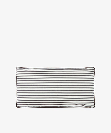 The Polo Lumbar Cushion is a rectangular pillow made from dead-stock fabrics, showcasing black and white horizontal stripes with black piping on the edges—a premium designer piece displayed on a white background.