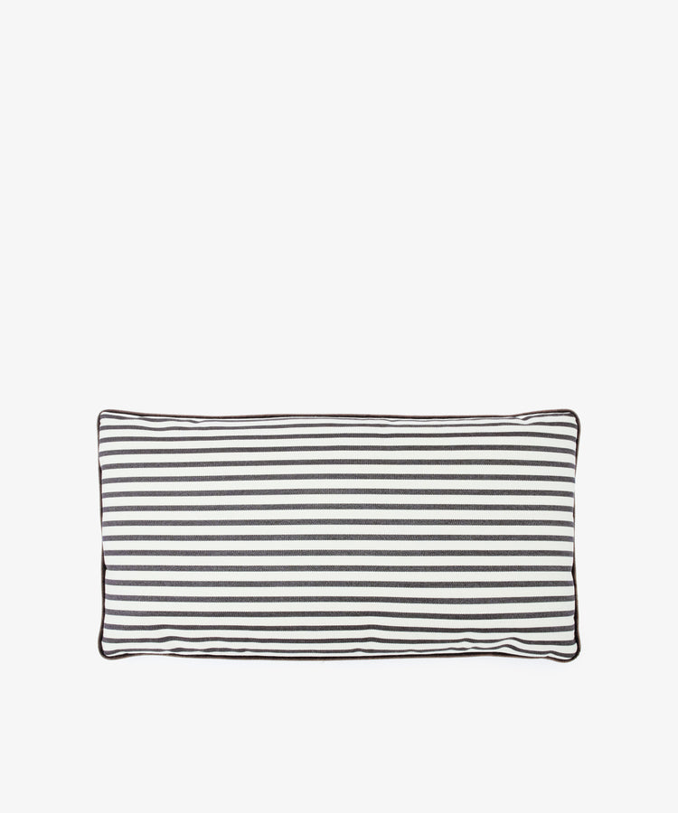The Polo Lumbar Cushion is a rectangular pillow made from dead-stock fabrics, showcasing black and white horizontal stripes with black piping on the edges—a premium designer piece displayed on a white background.