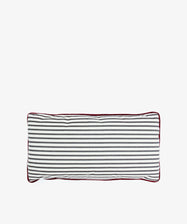 The Polo Lumbar Cushion features black and white horizontal stripes with burgundy piping, made from deadstock designer fabric. This rectangular pillow is a premium, limited-availability item and photographed on a plain white background.