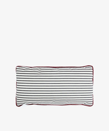 The Polo Lumbar Cushion features black and white horizontal stripes with burgundy piping, made from deadstock designer fabric. This rectangular pillow is a premium, limited-availability item and photographed on a plain white background.