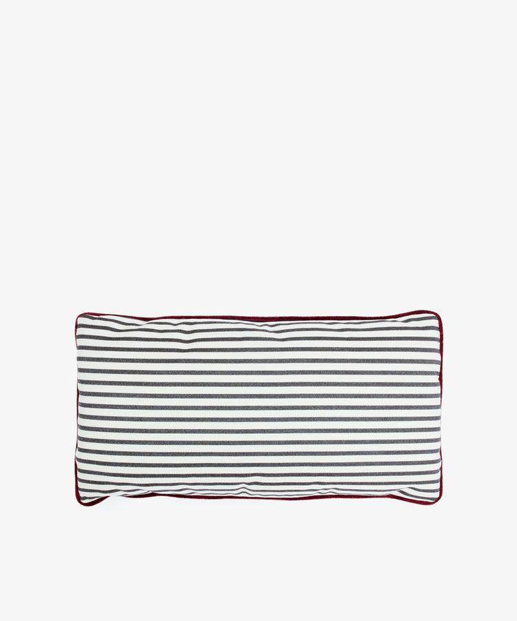 The Polo Lumbar Cushion features black and white horizontal stripes with burgundy piping, made from deadstock designer fabric. This rectangular pillow is a premium, limited-availability item and photographed on a plain white background.