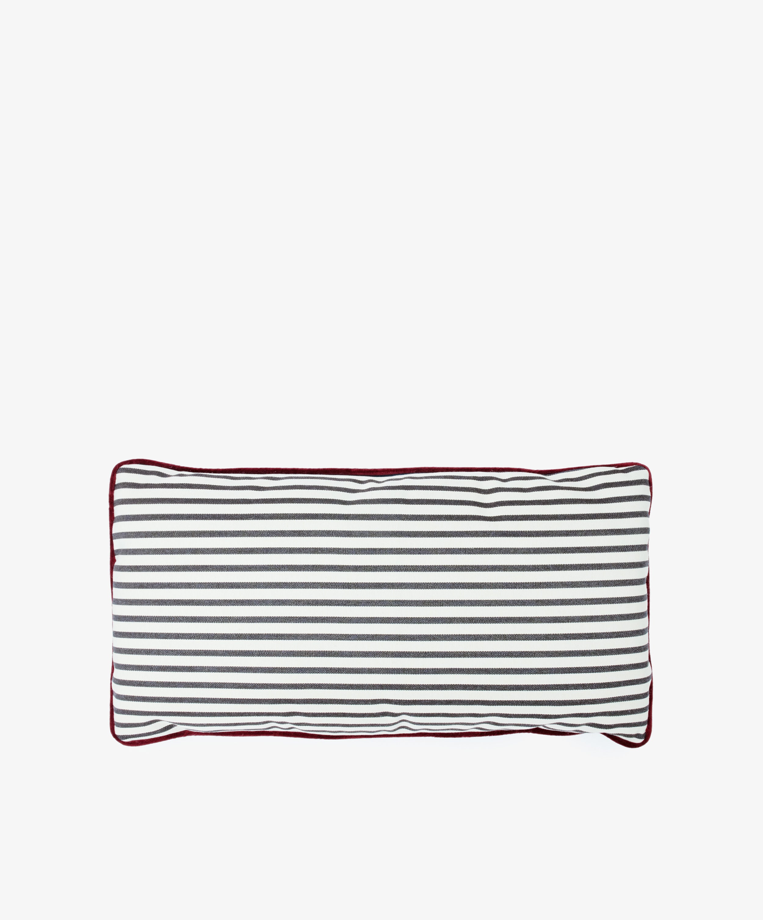 The Polo Lumbar Cushion features black and white horizontal stripes with a thin red border, made from deadstock designer fabrics. This exclusive rectangular pillow is a limited-edition accent piece shown on a plain white background.