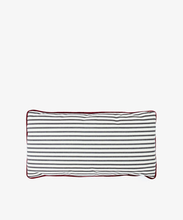 The Polo Lumbar Cushion features black and white horizontal stripes with a thin red border, made from deadstock designer fabrics. This exclusive rectangular pillow is a limited-edition accent piece shown on a plain white background.