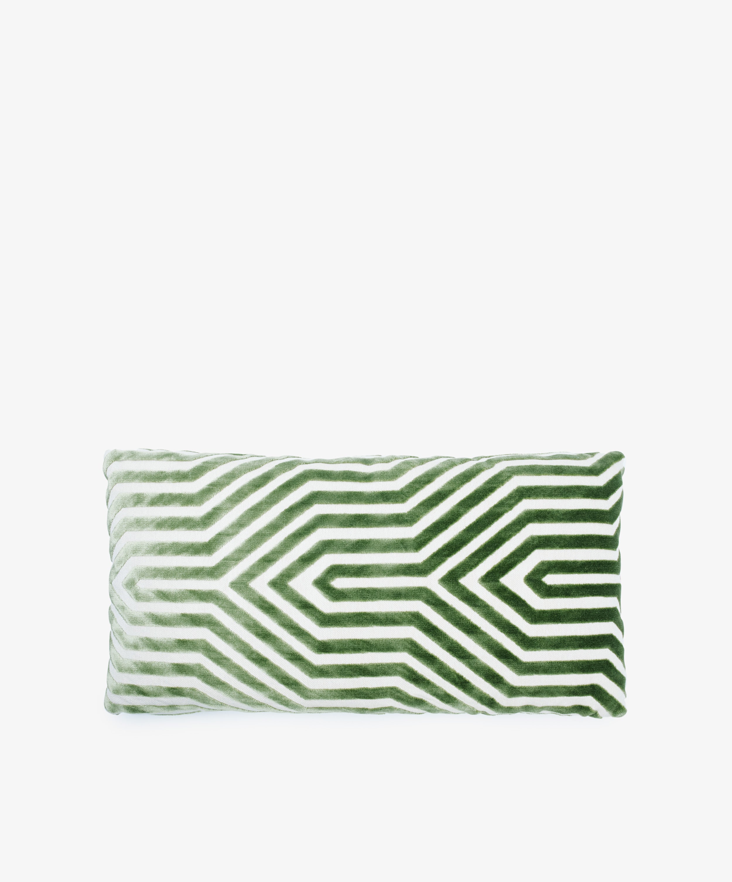 The Polo Lumbar Cushion features a green and white geometric maze-like pattern, crafted from deadstock designer fabrics. Limited availability makes this premium rectangular pillow a unique addition to any space.