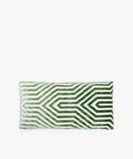 The Polo Lumbar Cushion features a green and white geometric maze-like pattern, crafted from deadstock designer fabrics. Limited availability makes this premium rectangular pillow a unique addition to any space.