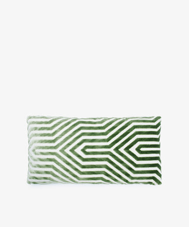The Polo Lumbar Cushion features a green and white geometric maze-like pattern, crafted from deadstock designer fabrics. Limited availability makes this premium rectangular pillow a unique addition to any space.