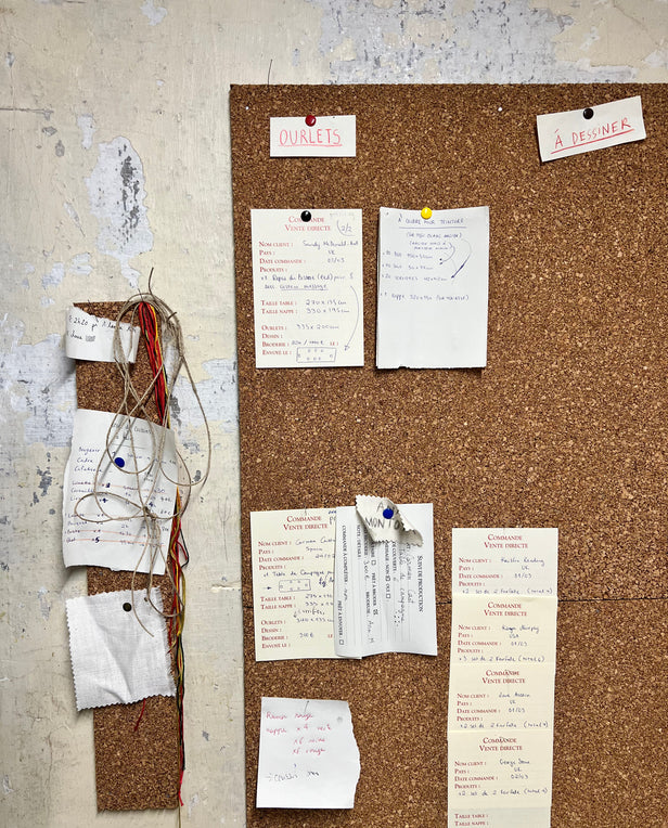 Corkboard with pinned handwritten notes and fabric samples on a workshop wall