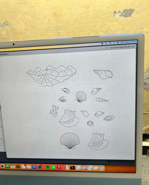 Computer screen displaying digital line drawings of seashells and coral