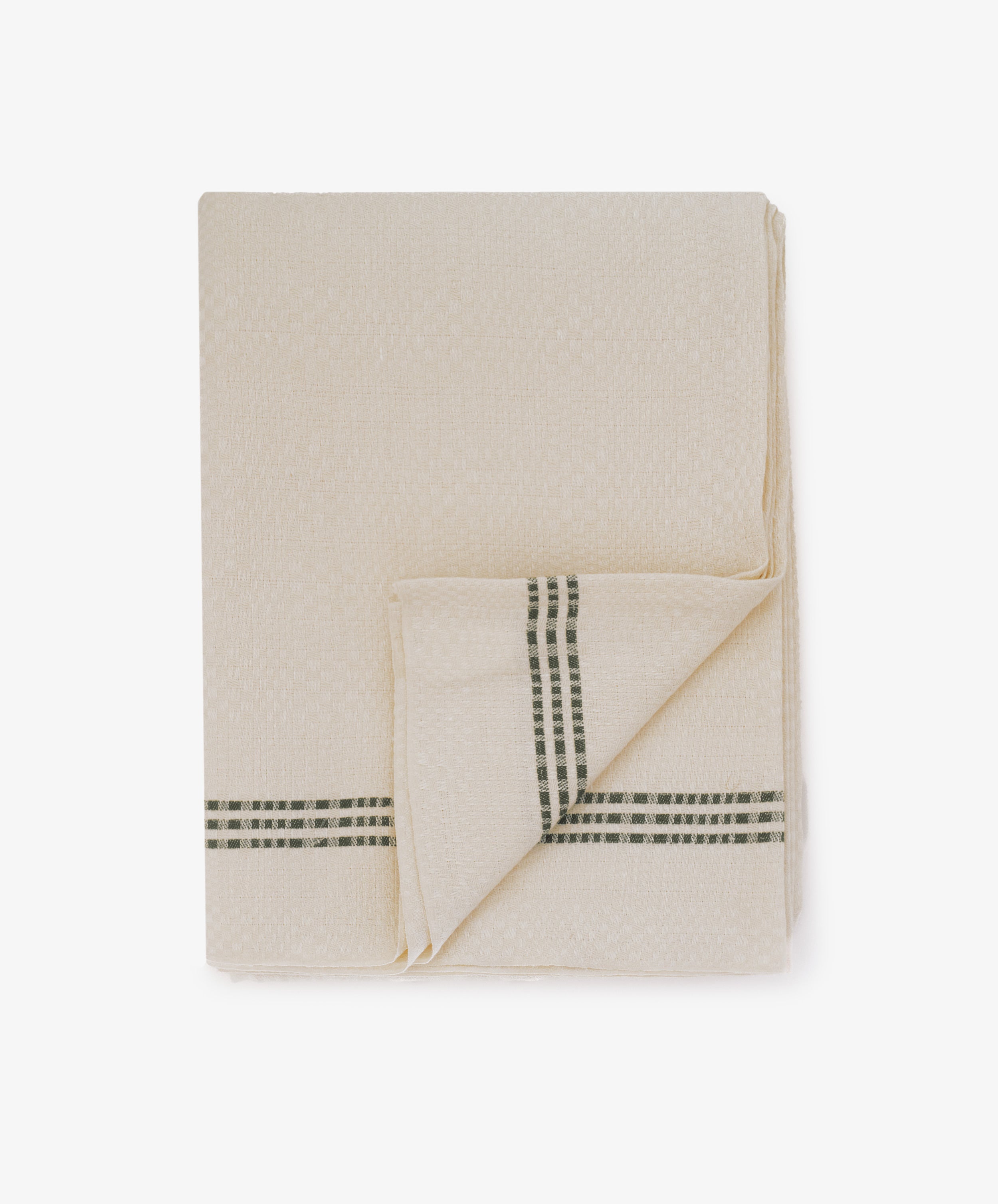 The Tilde Tablecloth, made from beige cotton linen with a textured DaldrÃ¤ll weave, features two intersecting dark green stripes and is shown against a white background.