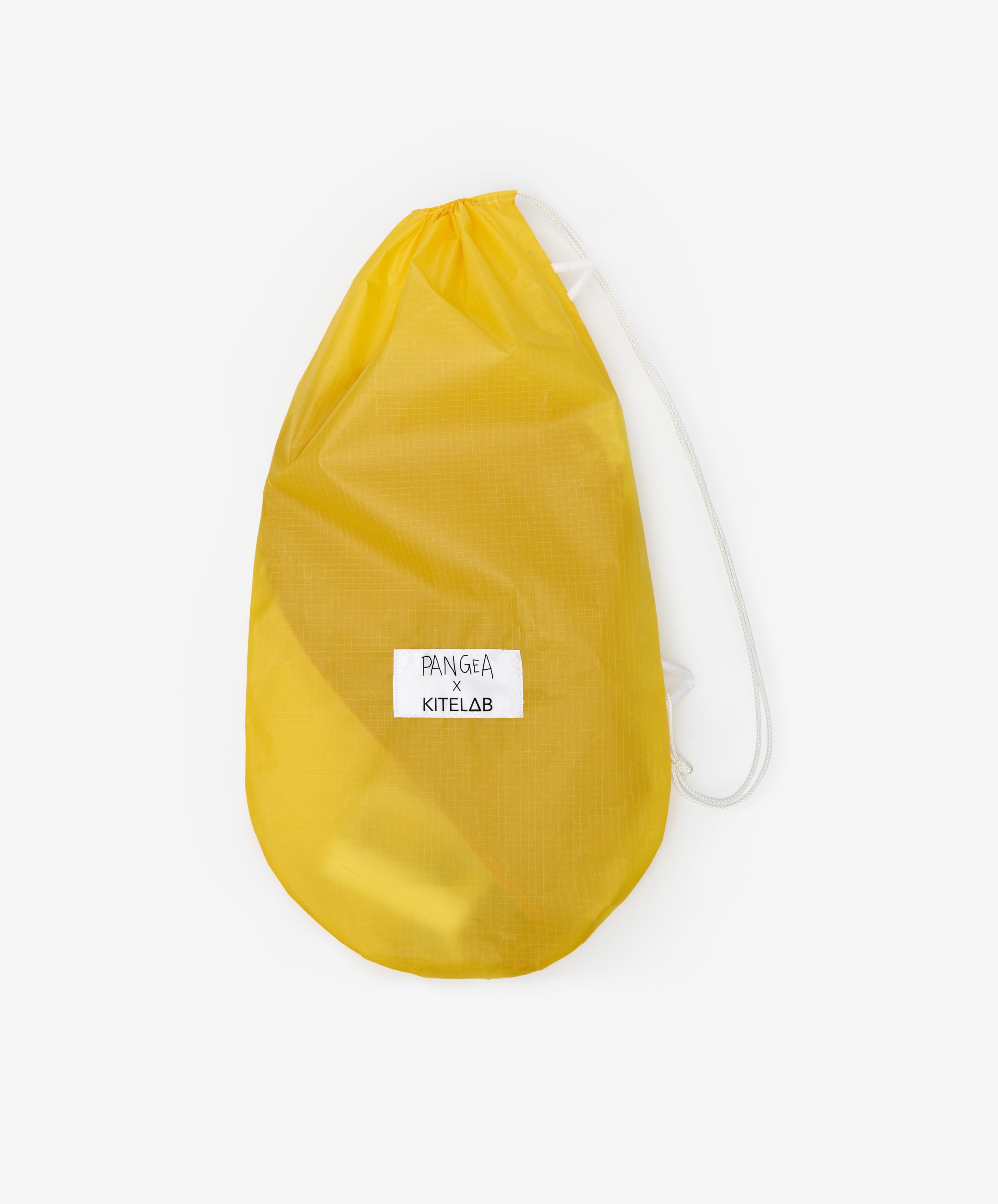 A yellow drawstring bag with a white PANGEA KITELAB label on the front holds the Love Supreme Kite—an ideal gift for any joyful kite enthusiast, shown against a plain white background.