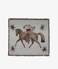 La Vida Loca Throw by Kara Marshall. Fringed throw artwork printed with horse and rider in brown tones.