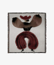 Cotton throw blanket with fringed edges and abstract watercolor cowboy figure in brown tones, by Kara Marshall.