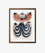 Fancy Pants by Kara Marshall. Watercolor on paper of abstract dancing cowboy figure in indigo and pink, framed in wood.