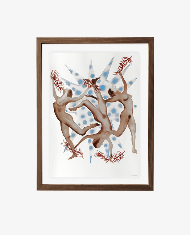Framed artwork of three nude figures with abstract elements on a white background
