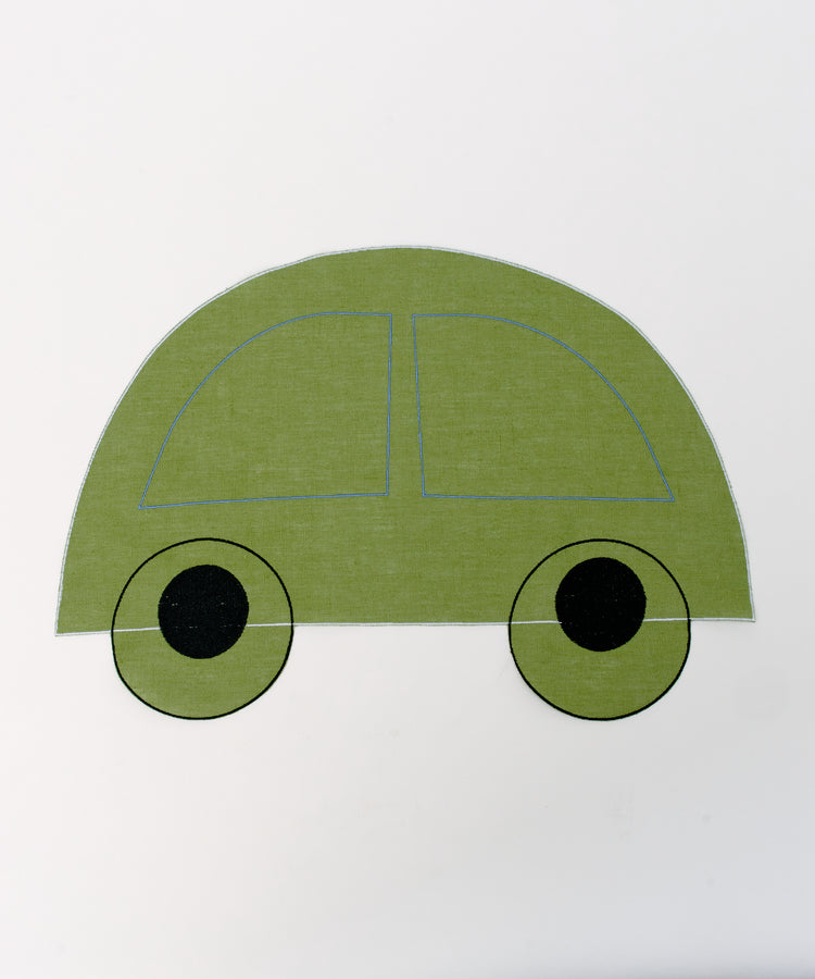 The Thomas Placemat, Set of 4, features simple, stylized illustrations of a green car with two large black wheels on a plain white background—perfect for kids or fun, wipeable placemats.