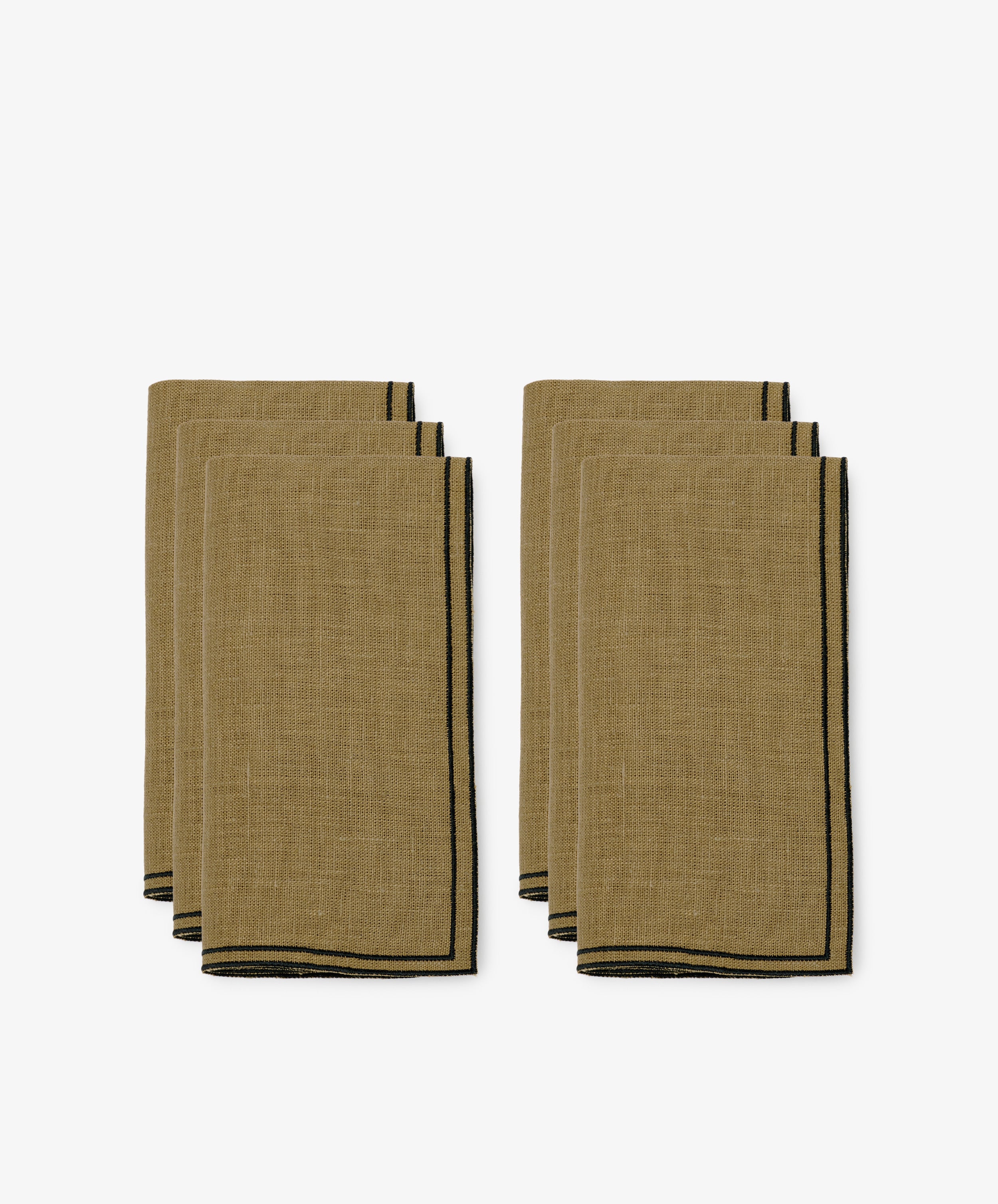 The Flavia Napkin, Set of 6, features brown linen napkins with black trim and a double-line stitch, elegantly arranged on a plain white background.