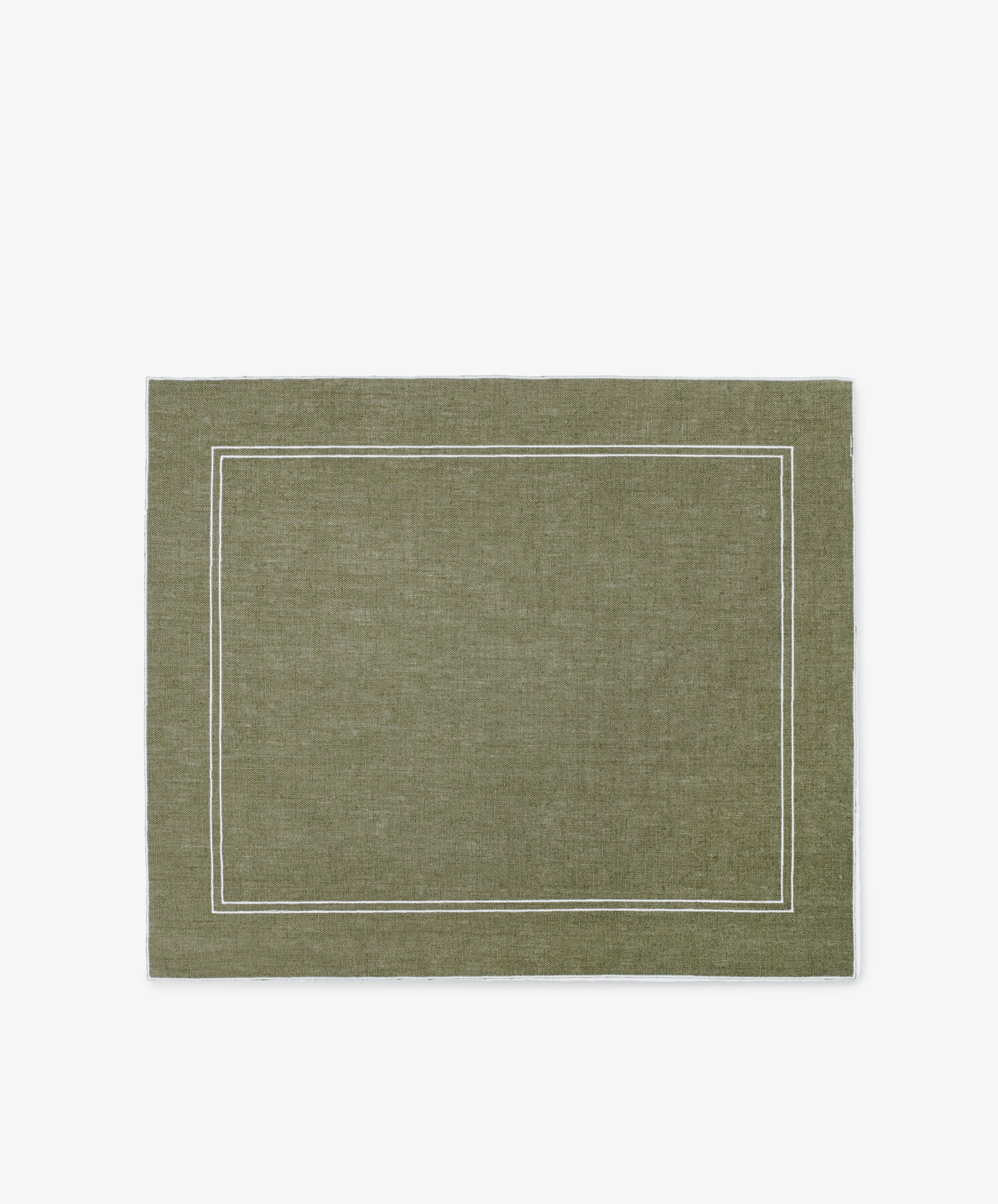 Set of 6 Flavia Placemats in olive green, featuring a rectangular shape and double white border design, crafted from durable linen for a refined look. Displayed on a plain white background.