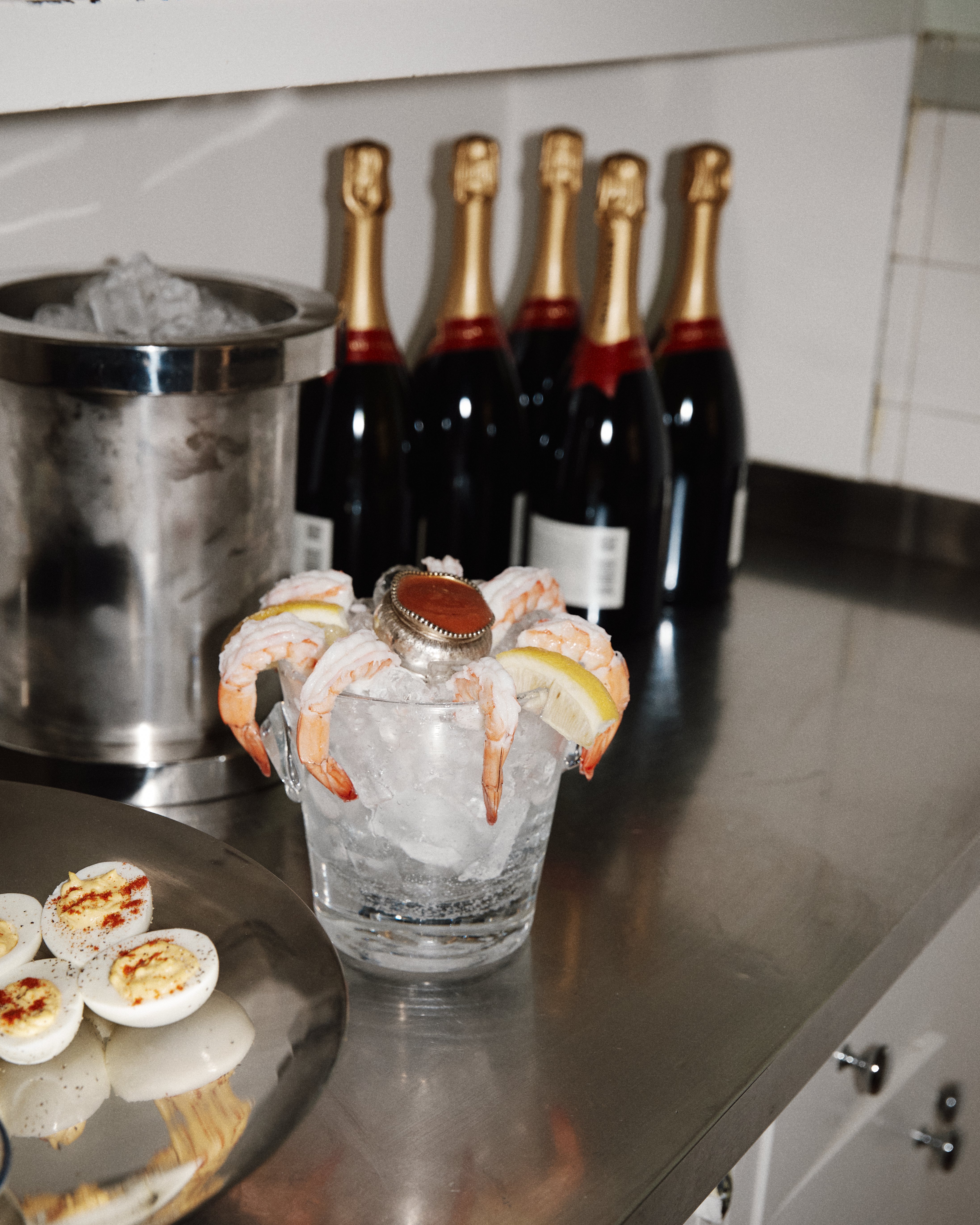 shrimp cocktail on steel counter